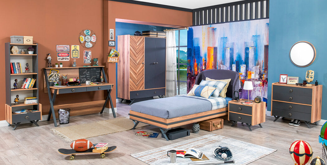 Cameretta completa per ragazzi "Piedra" stile contemporaneo colore grigio antracite e legno naturale.
