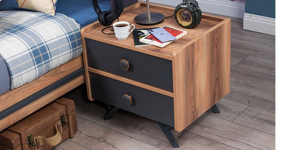 Cameretta completa per ragazzi "Piedra" stile contemporaneo colore grigio antracite e legno naturale.