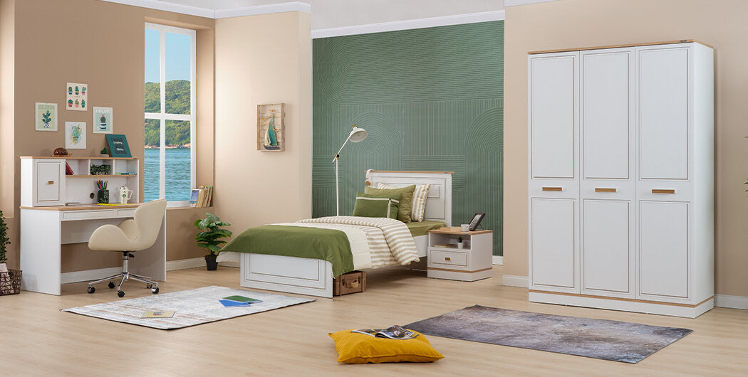 Cameretta completa per ragazzi "Rixos" stile elegante colore bianco e noce.