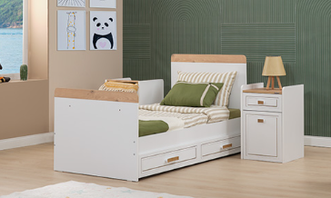 Cameretta completa per noenati "Rixos" con letto prima infanzia trasformabile colore bianco e legno chiaro.
