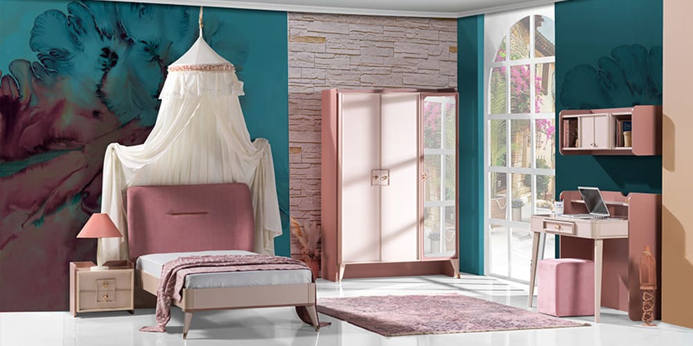 Cameretta completa per ragazza "Royal" colore rosa chiaro e rosa scuro.