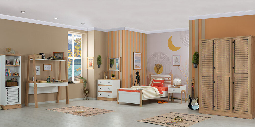 Cameretta completa per ragazzo/a "Rustico" stile essenziale con letto singolo color legno e bianco.