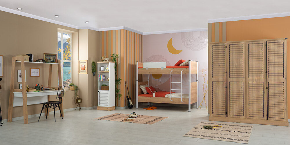 Cameretta completa per ragazzo/a "Rustico" stile essenziale con letto a castello color legno e bianco.