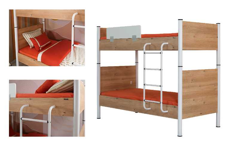 Cameretta completa per ragazzo/a "Rustico" stile essenziale con letto a castello color legno e bianco.