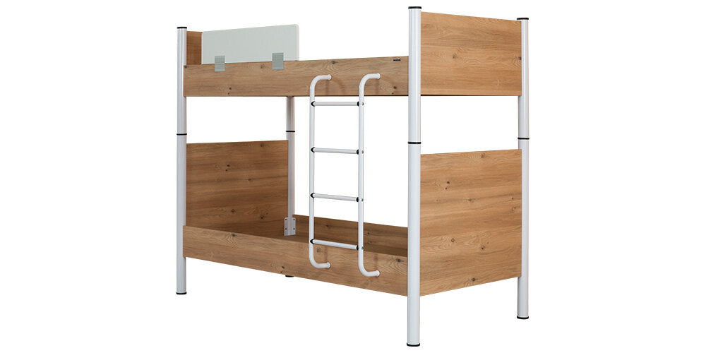 Cameretta completa per ragazzo/a "Rustico" stile essenziale con letto a castello color legno e bianco.