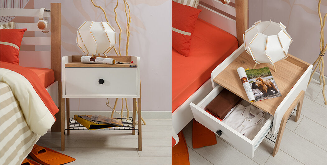 Cameretta completa per ragazzo/a "Rustico" stile essenziale con letto singolo color legno e bianco.