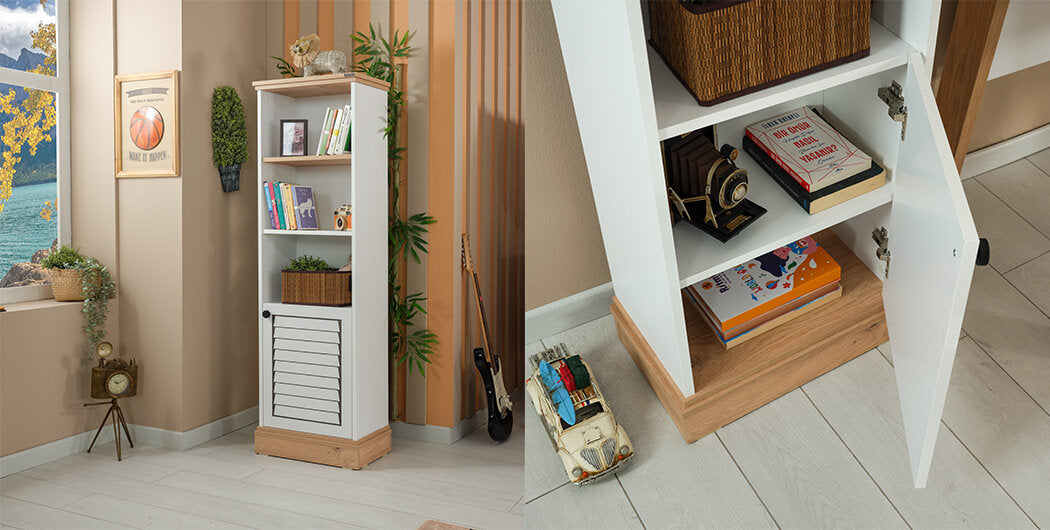 Cameretta completa per ragazzo/a "Rustico" stile essenziale con letto a castello color legno e bianco.