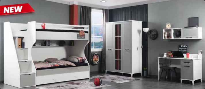 Cameretta completa per ragazzi "Silvia" stile modern country colore bianco e grigio con letto a castello compatto.