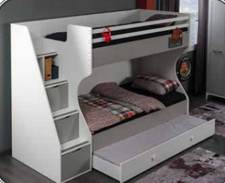 Cameretta completa per ragazzi "Silvia" stile modern country colore bianco e grigio con letto a castello compatto.