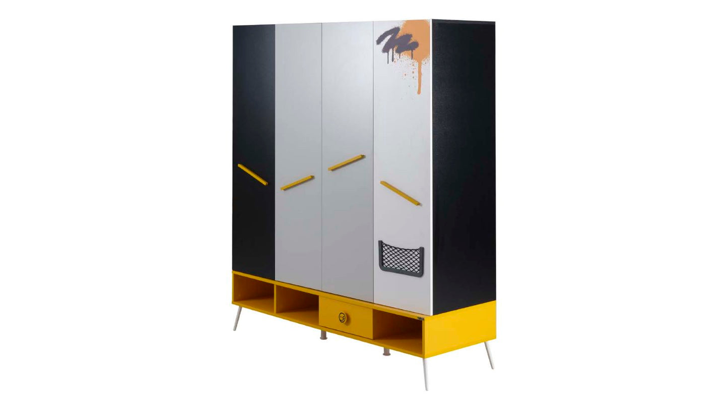 Cameretta completa per ragazzi "Skate" stile stravagante e divertente colore nero, giallo e grigio con armadio 4 ante.