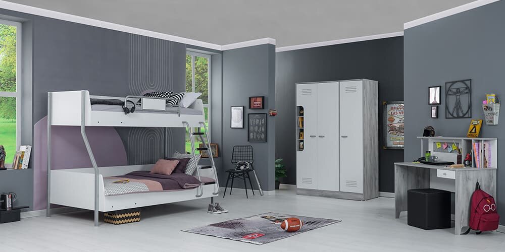 Cameretta completa per ragazzi "Smart" con letto a castello bianco e grigio e armadio tre ante.
