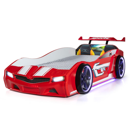 Rotes SPX-Einzelcontainerbett in Form eines Sportwagens, inklusive Matratze.