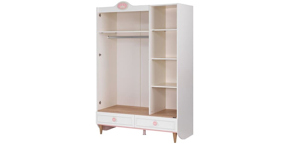 Komplettes Mädchenzimmer „Story“ mit Einzelbett in Weiß und Rosa.