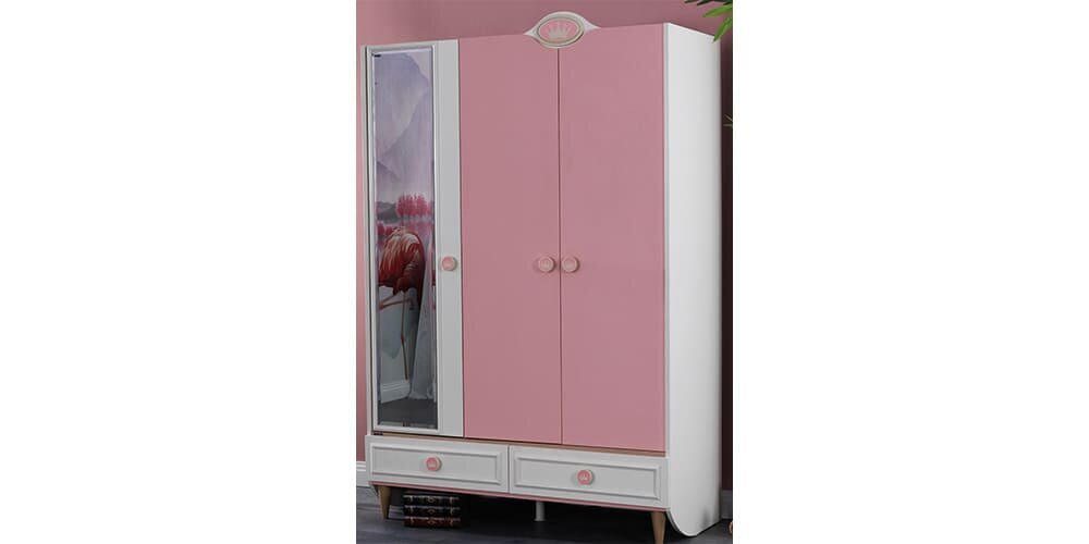 Komplettes Mädchenzimmer „Story“ mit Einzelbett in Weiß und Rosa.