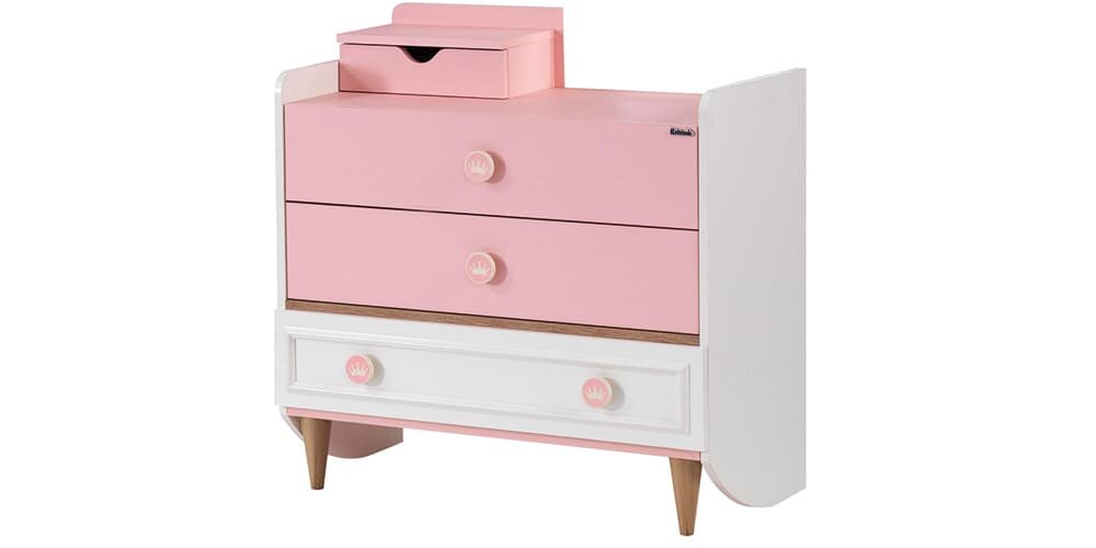 Komplettes Mädchenzimmer „Story“ mit Einzelbett in Weiß und Rosa.