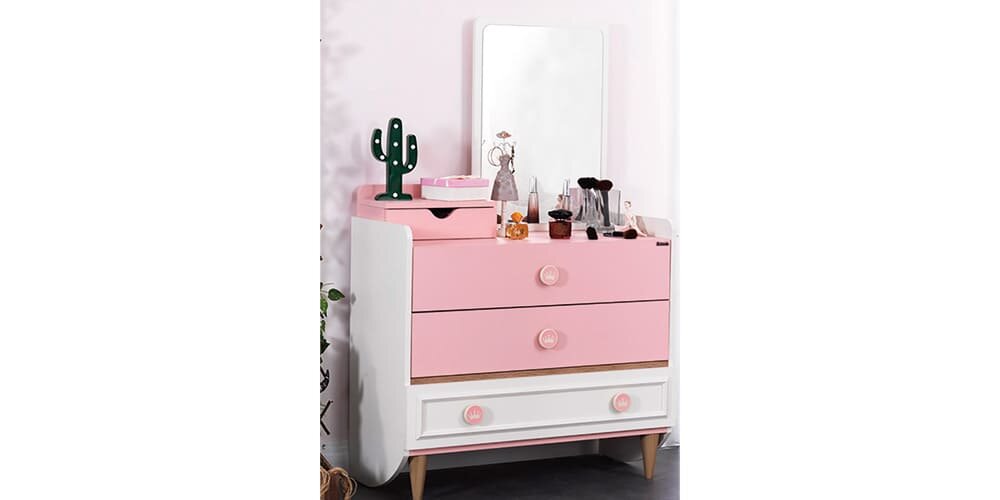 Komplettes Mädchenzimmer „Story“ mit Einzelbett in Weiß und Rosa.