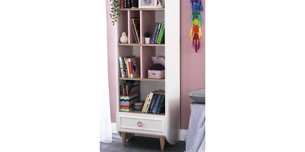 Komplettes Mädchenzimmer „Story“ mit Einzelbett in Weiß und Rosa.