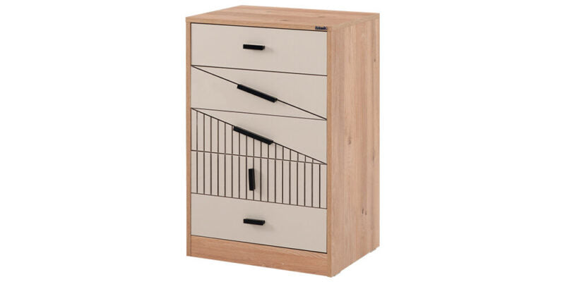 Chambre d'enfant complète "Valéry" de style classique en beige, bois et noir avec armoire 3 portes.