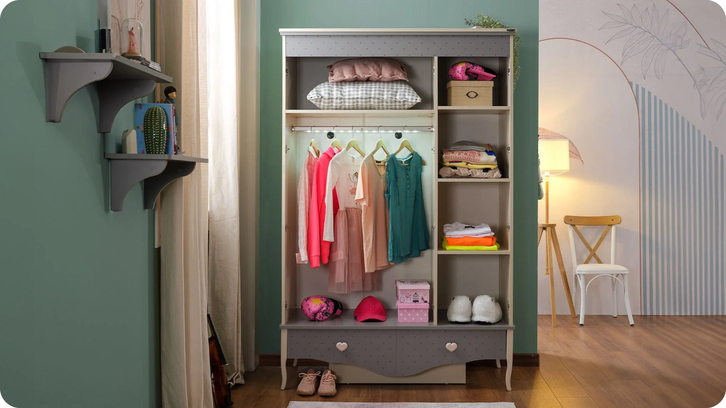 Chambre de fille complète "Juliet", style romantique, couleur gris clair et crème avec canapé convertible.