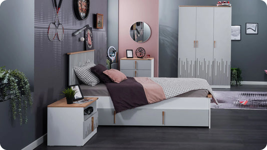 Chambre enfant complète "Lucas" de style contemporain en blanc, noir et bois clair avec deuxième lit gigogne.