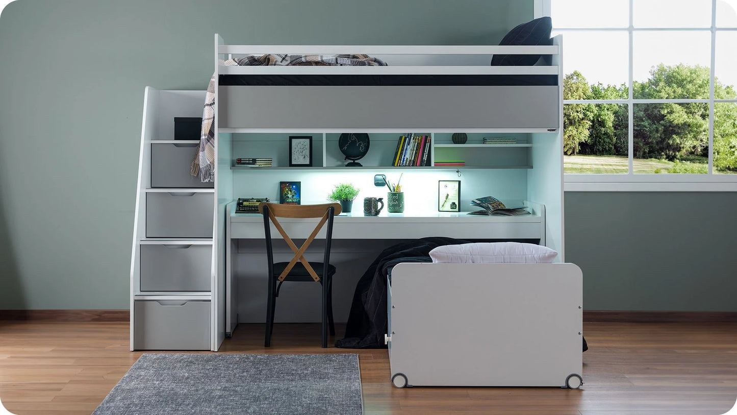 Chambre d'enfant complète "Joker" en blanc et gris clair avec lit pont et lit gigogne.