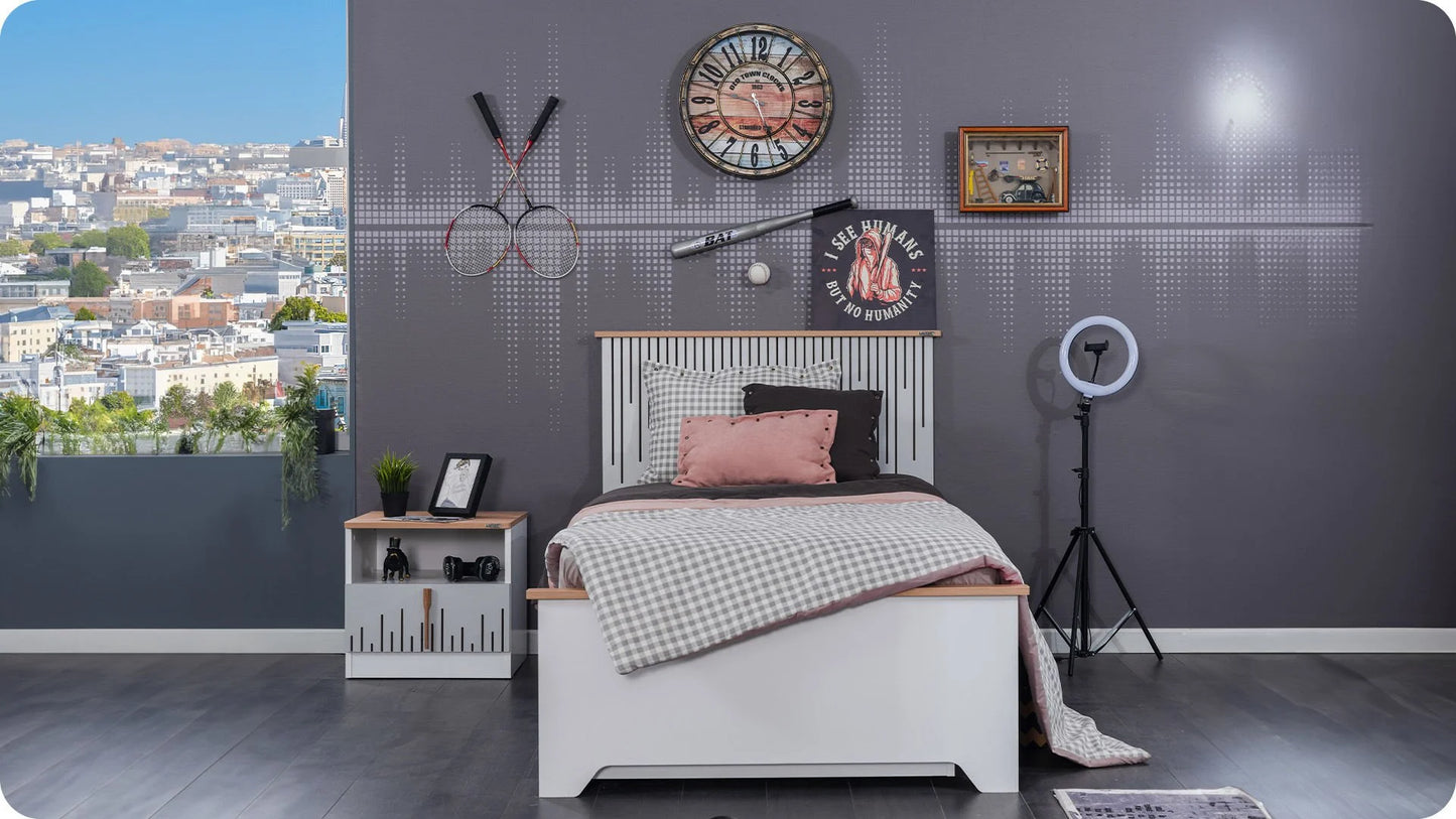 Chambre enfant complète "Lucas" de style contemporain en blanc, noir et bois clair avec deuxième lit gigogne.