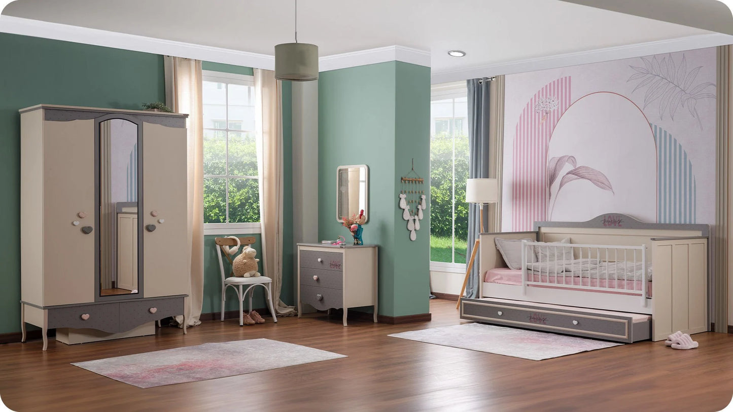 Chambre de fille complète "Juliet", style romantique, couleur gris clair et crème avec canapé convertible.