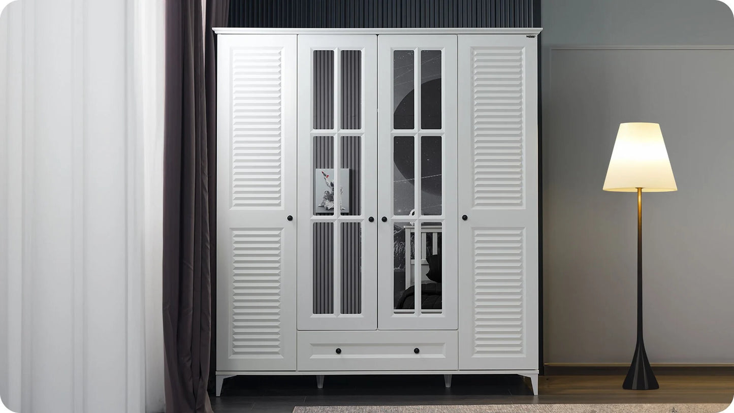 Chambre d'enfant complète "Classe" de style provençal de couleur blanche avec armoire 3 portes.