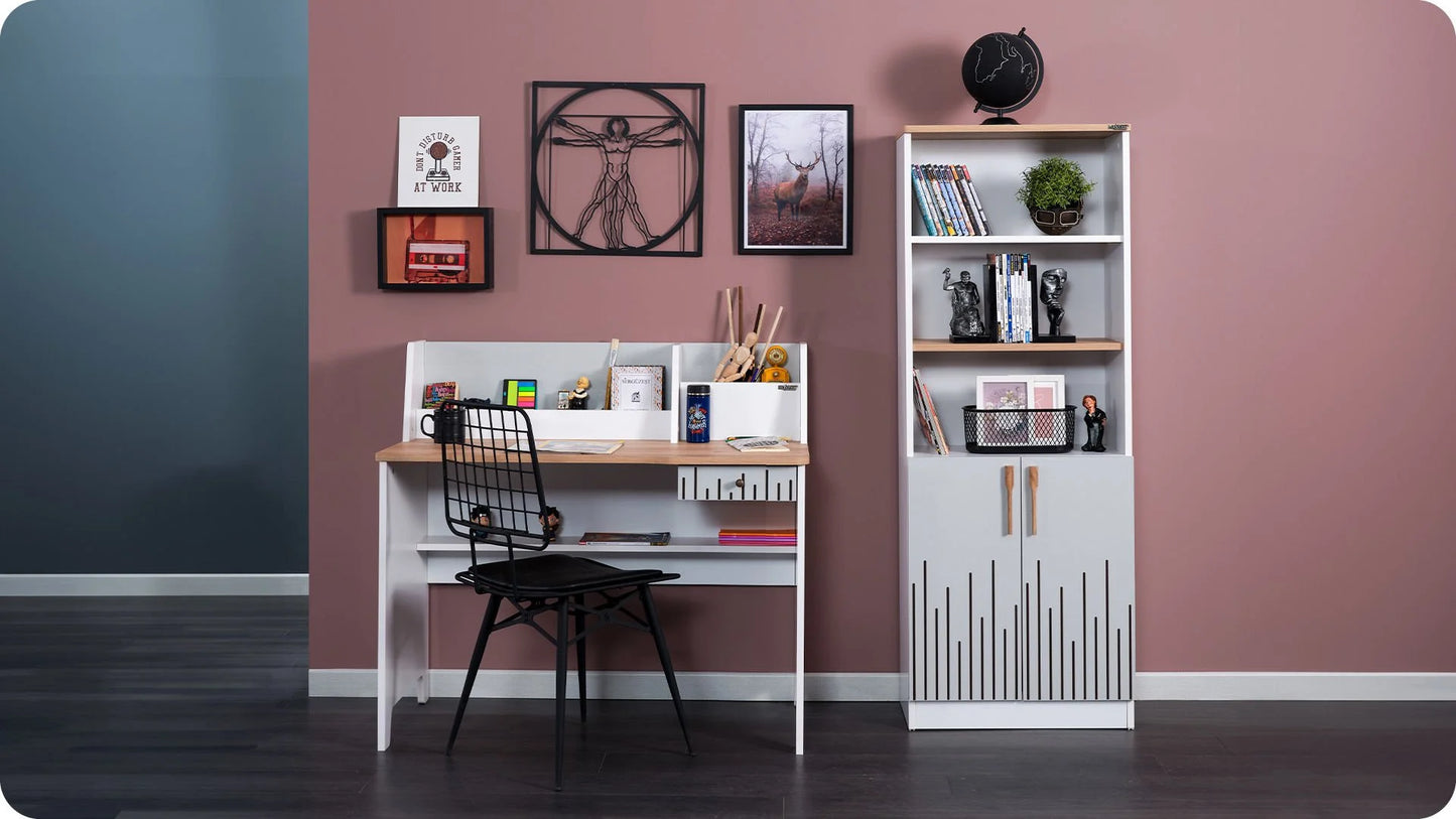 Chambre enfant complète "Lucas" de style contemporain en blanc, noir et bois clair avec deuxième lit gigogne.