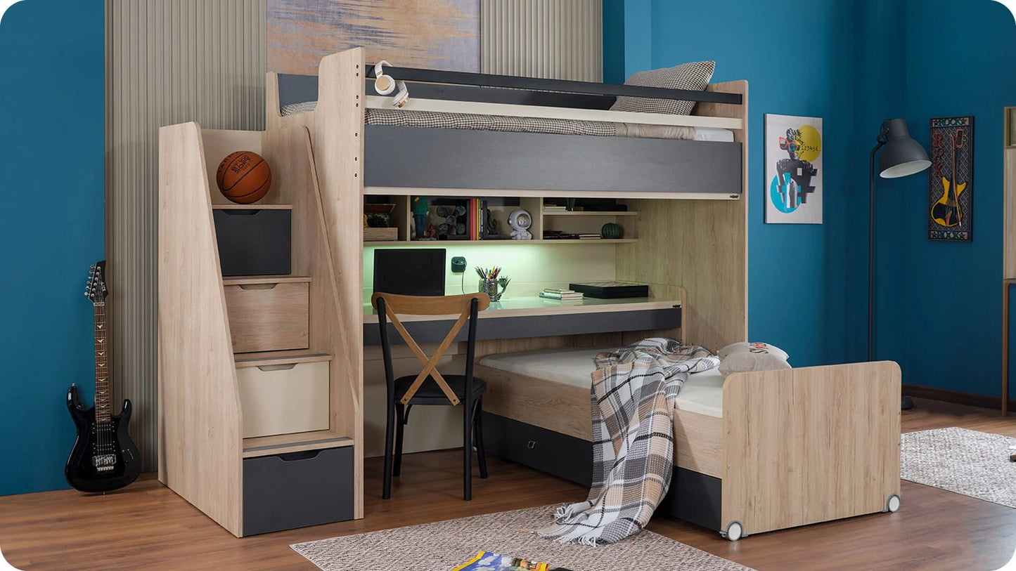 Chambre d'enfant complète "Ares", style moderne et fonctionnel avec lit pont en chêne clair, beige et noir.