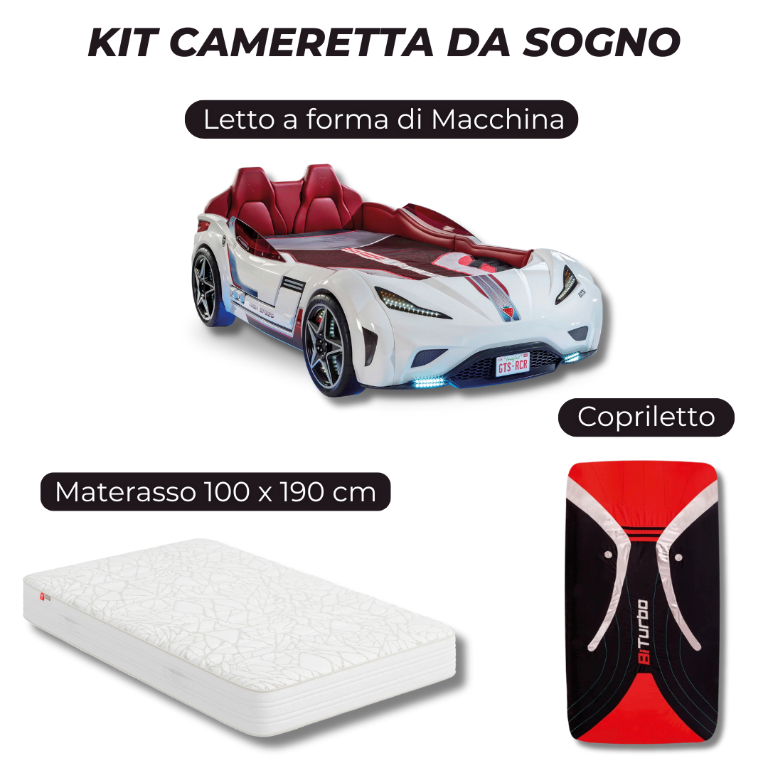 Kit Autoletto macchina per bambini + Materasso + Copriletto