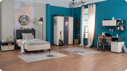 Cameretta completa  per ragazzi "Ares" stile moderno e funzionale  color rovere chiaro, beige e grigio antracite.