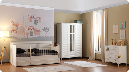 Cameretta completa  per bambini "Junior" stile coloniale colore bianco con divano letto.