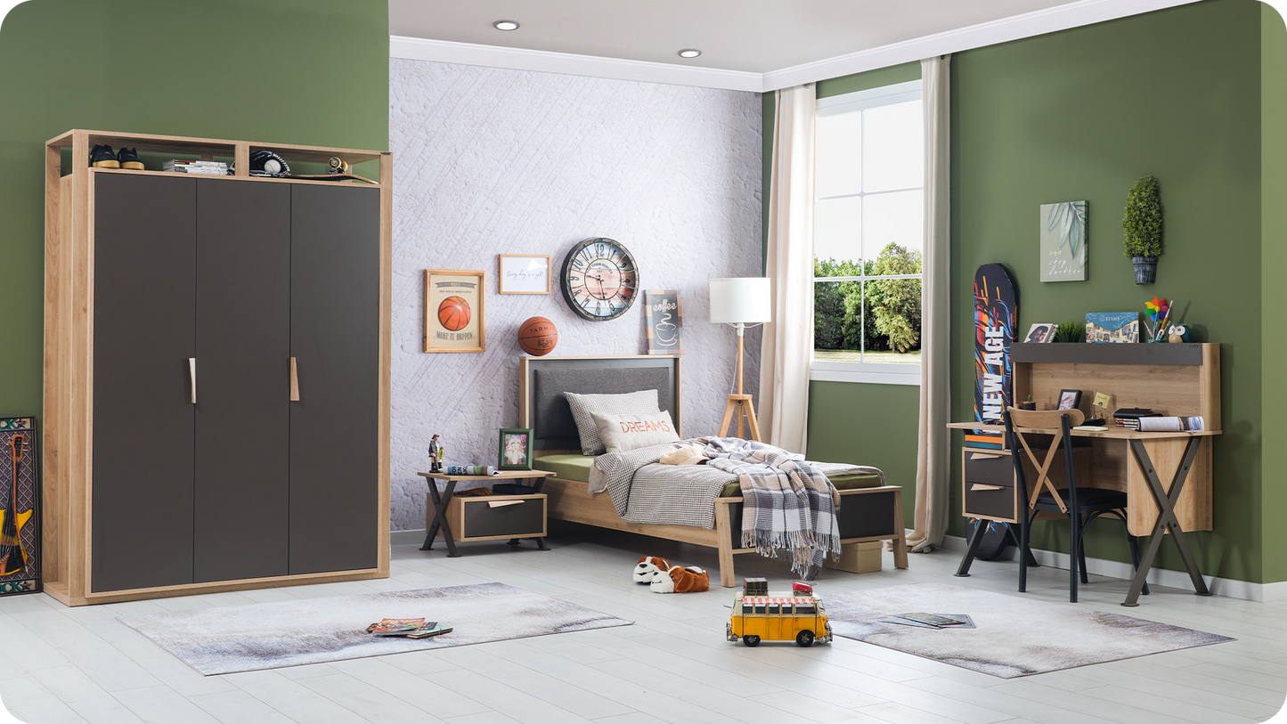 Cameretta completa  per ragazzi "Relax" stile contemporaneo color rovere chiaro e grigio antracite armadio 3 ante.