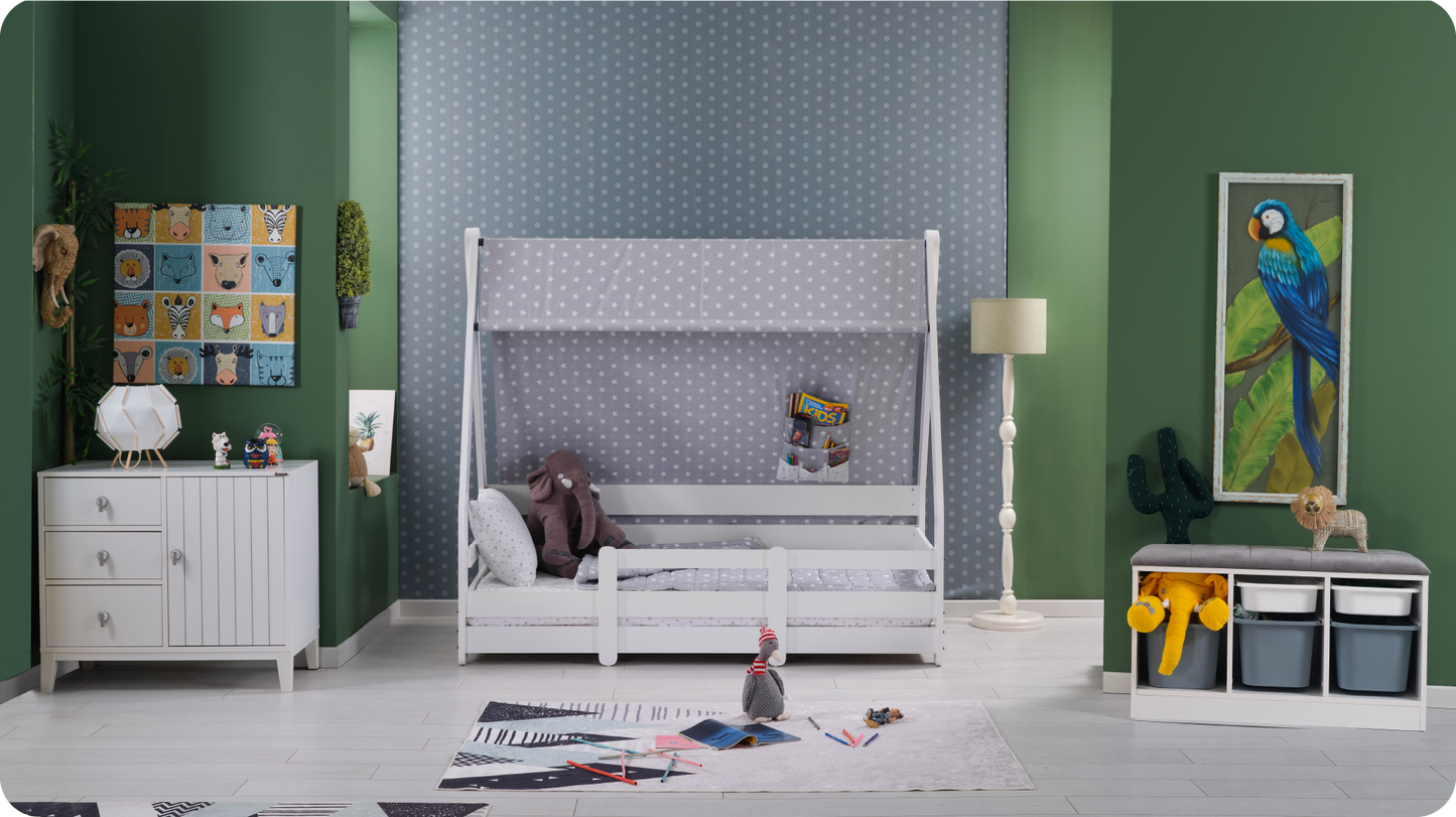 Chambre Montessori pour garçon/fille "Piero" couleur blanche avec détails en tissu étoilé