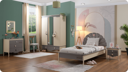 Chambre complète pour fille "Juliet" de style romantique en gris et crème.