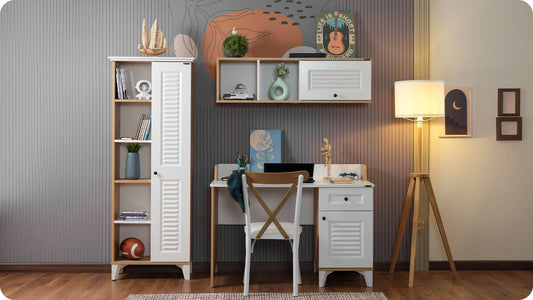 Chambre enfant complète "Best" de style colonial en bois clair et blanc avec lit superposé compact.