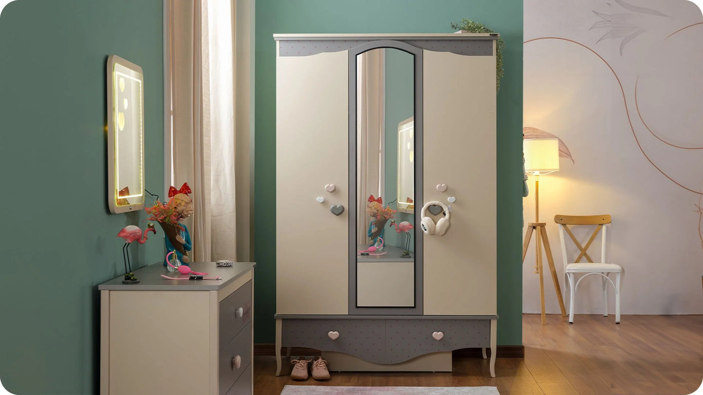 Chambre de fille complète "Juliet", style romantique, couleur gris clair et crème avec canapé convertible.