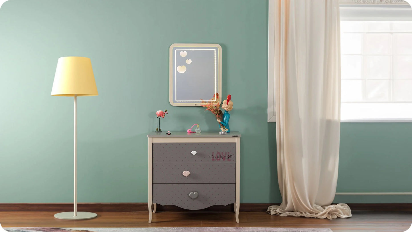 Chambre de fille complète "Juliet", style romantique, couleur gris clair et crème avec canapé convertible.