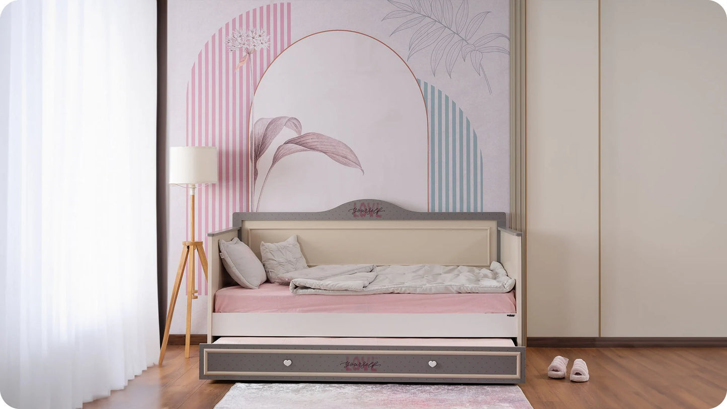 Chambre de fille complète "Juliet", style romantique, couleur gris clair et crème avec canapé convertible.