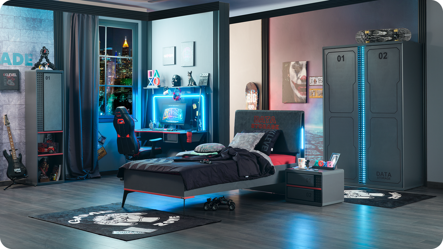 Chambre enfant complète "Arcade", style salle de jeux, coloris noir et LEDs colorées.