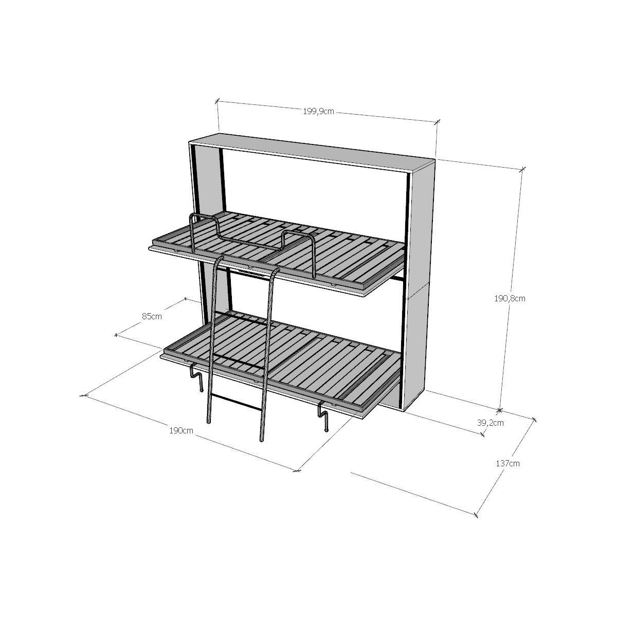 Letto a castello a scomparsa con due letti singoli colore grigio L.199,9 P.39,2 H.190,8