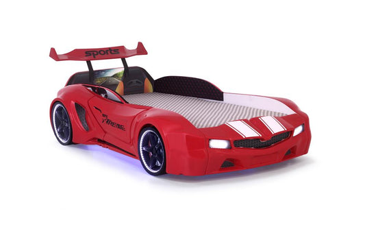 Einzelbett mit Stauraum in Form eines roten SPX XTREME-Sportwagens mit Controller und Musik, inklusive Matratze.