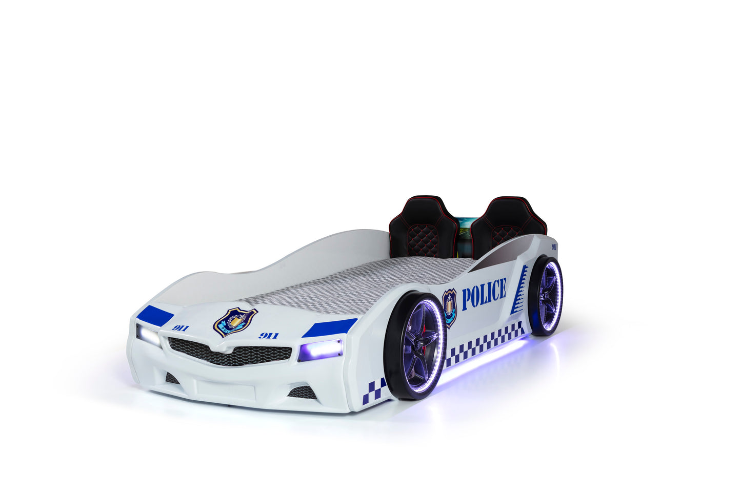 Letto singolo contenitore a forma di auto della polizia colore bianco SPX, materasso incluso.