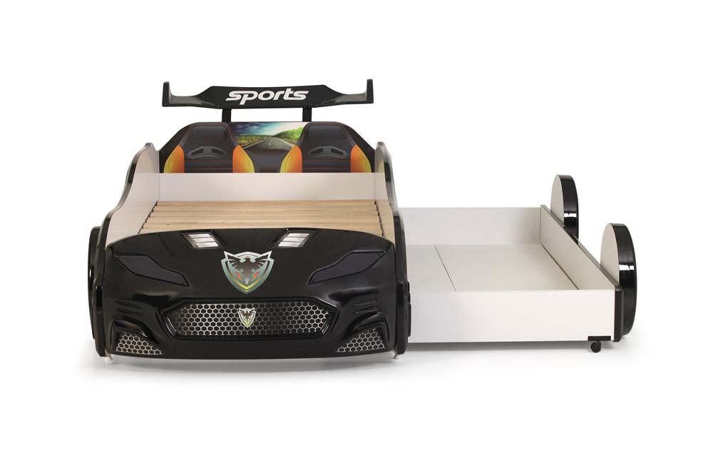 Letto singolo con secondo letto estraibile a forma di auto sportiva colore nero FORZA2, materassi inclusi.