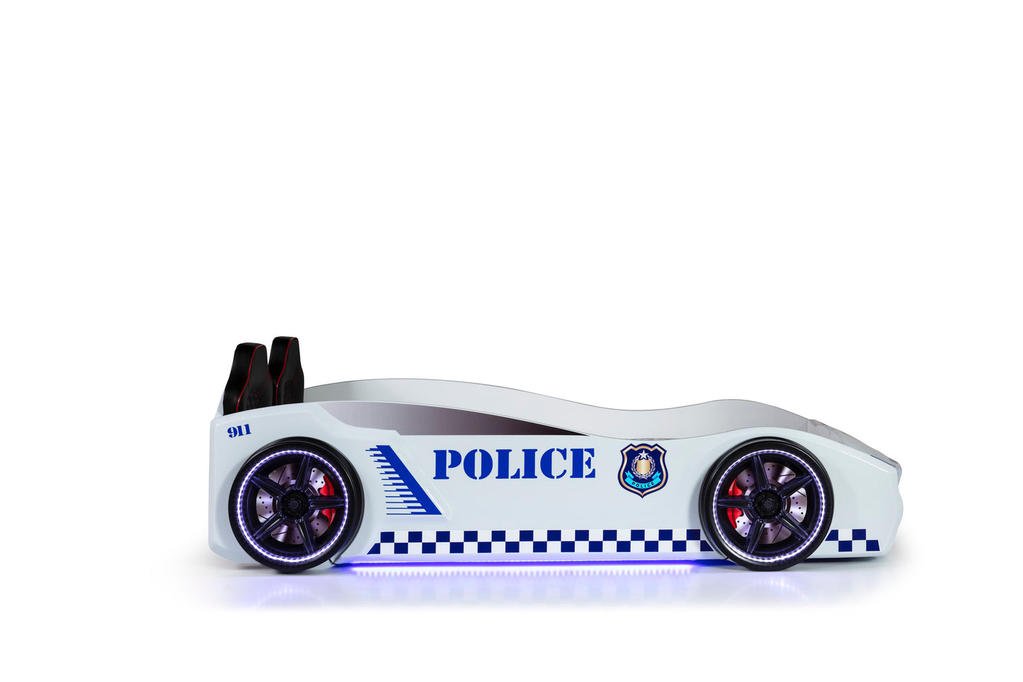 Letto singolo contenitore a forma di auto della polizia colore bianco SPX, materasso incluso.