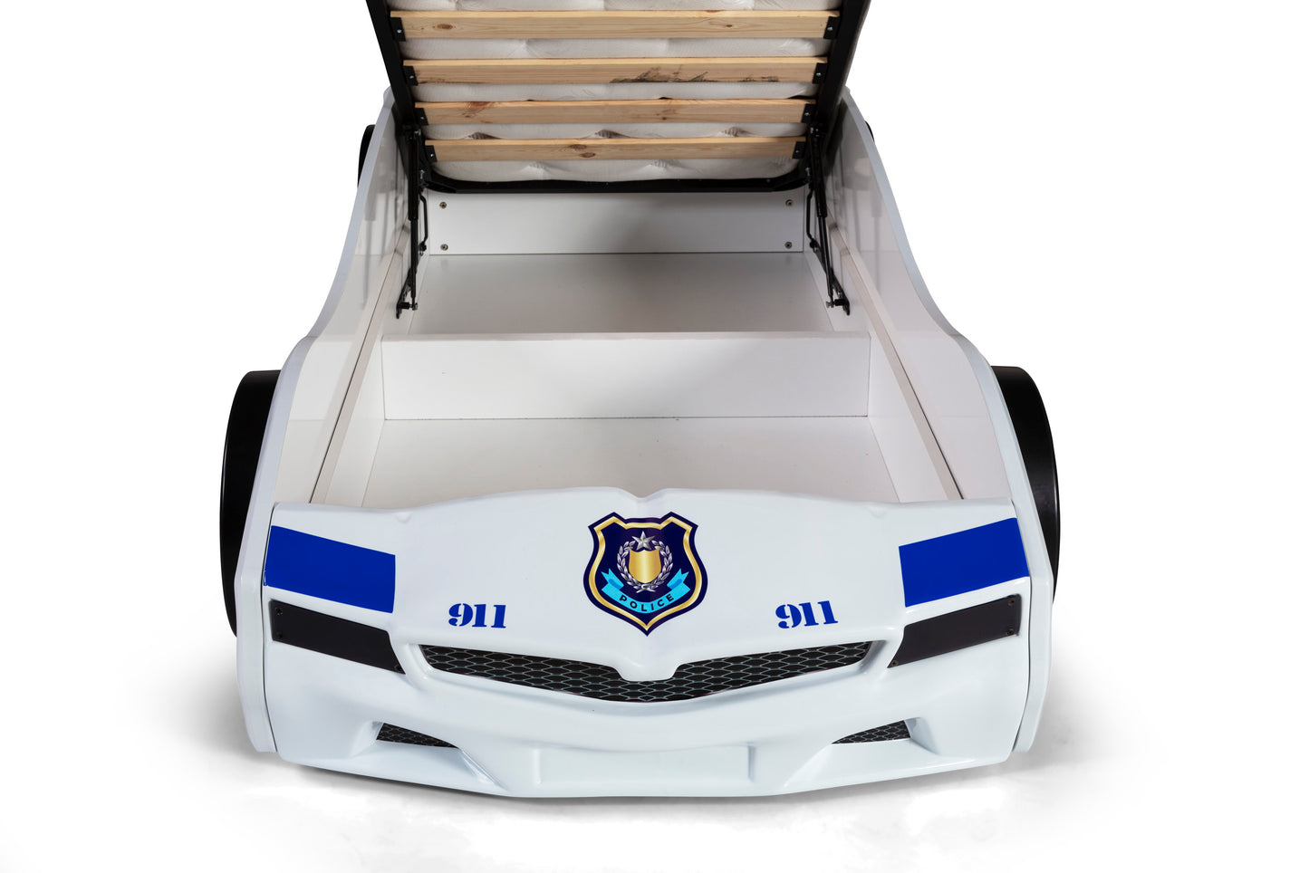 Lit conteneur simple en forme de voiture de police blanc SPX, matelas inclus.