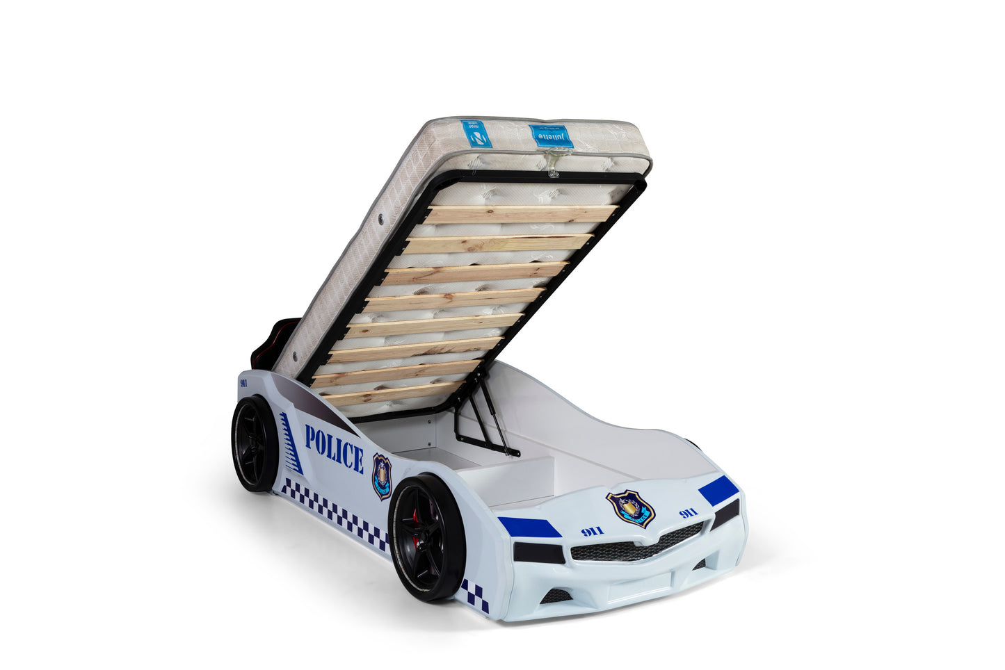 Lit conteneur simple en forme de voiture de police blanc SPX, matelas inclus.