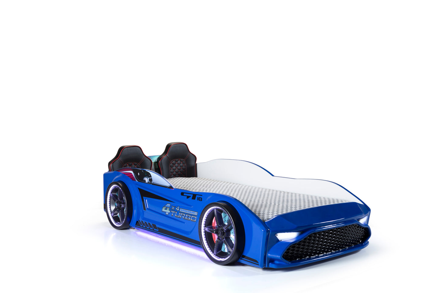 Letto singolo contenitore a forma di auto sportiva colore blu GT18, materasso incluso.