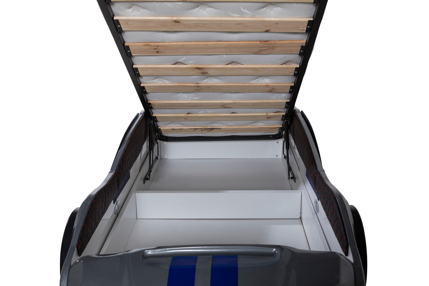 Letto singolo contenitore a forma di auto sportiva MUSTANG colore grigio, con apertura porte, materasso incluso.